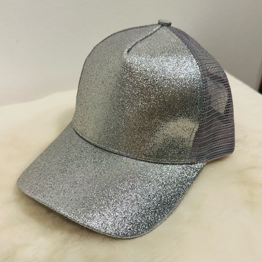 Silver Glitter Mesh adjustable Trucker Hat baseball cap with pony tail opening